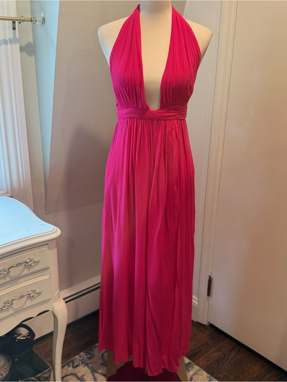 Lulus Hot Pink Rayon Deep V Halter Maxi Dress w/ Open Back | Size Medium